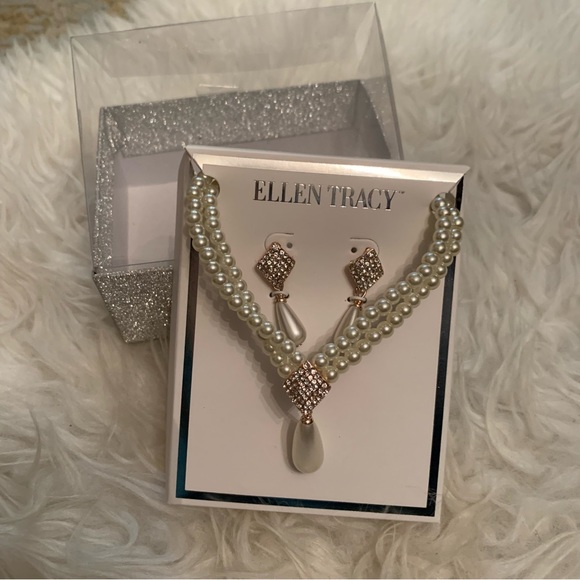 pearl & pavé rhinestone necklace & earring set by Ellen Tracy NEW!! rose gold - Picture 2 of 9